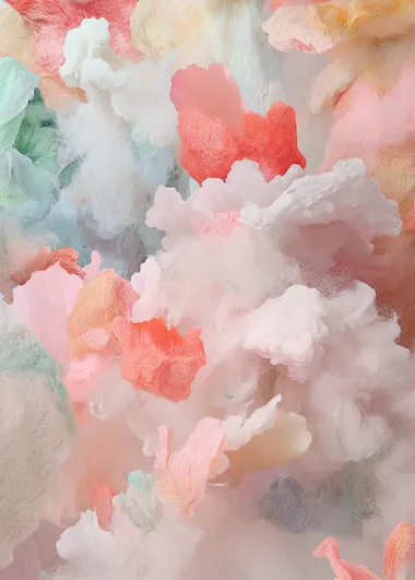 The surface of the fluffy cotton is covered with pink and red flowers, with clear details. The background color is a light white. The painting style of Vincent van Gogh features soft tones and brushstrokes, with a strong texture. A large number of wool threads form abstract shapes layered on top of each other, creating an overall impression of vitality and warm colors. It presents delicate textures and rich layers in close-up shots. High-definition photography.   kq4qydj