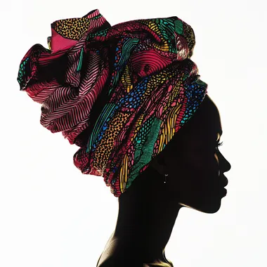 side profile silhouette of an isixhosa women's head wearing a colourful seshweshwe hair wrap