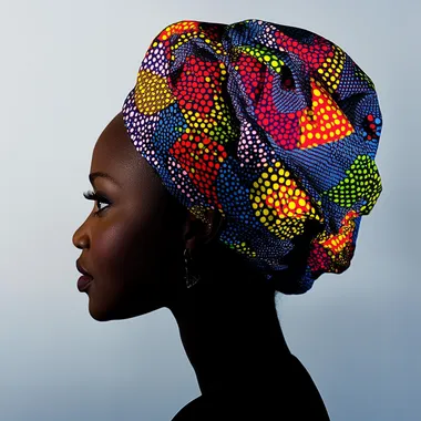 side profile silhouette of an isixhosa women's head wearing a colourful seshweshwe hair wrap
