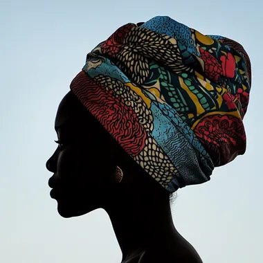 side profile silhouette of an isixhosa women's head wearing a colourful seshweshwe hair wrap