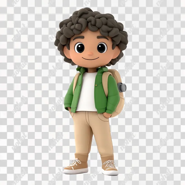 Confident Curly-Haired Boy in Green Jacket and Backpack