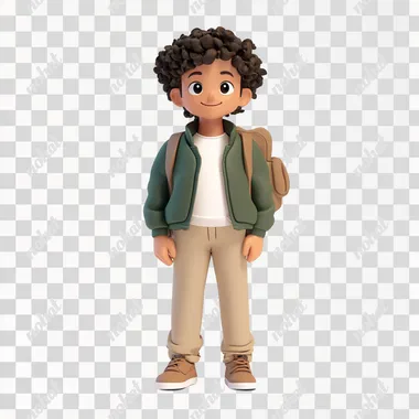 A cute cartoon-style boy with curly hair, wearing a green jacket, beige pants, and a white shirt, carrying a small backpack, standing confidently on a solid white background, full-body view papercraft lightbox,