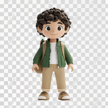 A cute cartoon-style boy with curly hair, wearing a green jacket, beige pants, and a white shirt, carrying a small backpack, standing confidently on a solid white background, full-body view papercraft lightbox,