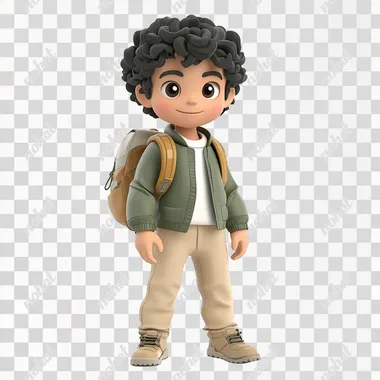 A cute cartoon-style boy with curly hair, wearing a green jacket, beige pants, and a white shirt, carrying a small backpack, standing confidently on a solid white background, full-body view papercraft lightbox,