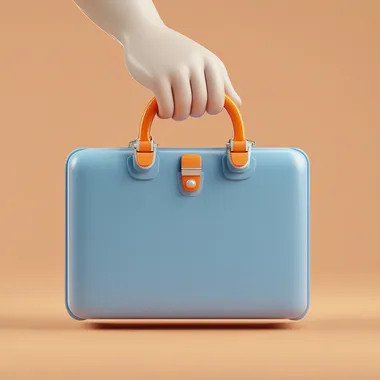 Create a 3D illustration of a blue briefcase being held by a stylized cartoon hand. The briefcase should have a smooth, glossy finish with a contrasting orange handle and clasp. Use a minimalist design with a light background to emphasize the briefcase and hand.