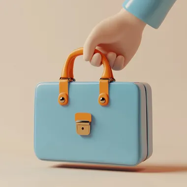 Create a 3D illustration of a blue briefcase being held by a stylized cartoon hand. The briefcase should have a smooth, glossy finish with a contrasting orange handle and clasp. Use a minimalist design with a light background to emphasize the briefcase and hand.