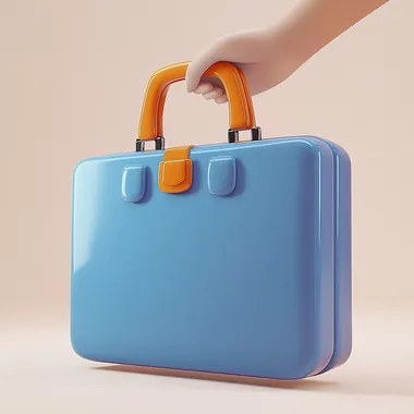 Create a 3D illustration of a blue briefcase being held by a stylized cartoon hand. The briefcase should have a smooth, glossy finish with a contrasting orange handle and clasp. Use a minimalist design with a light background to emphasize the briefcase and hand.
