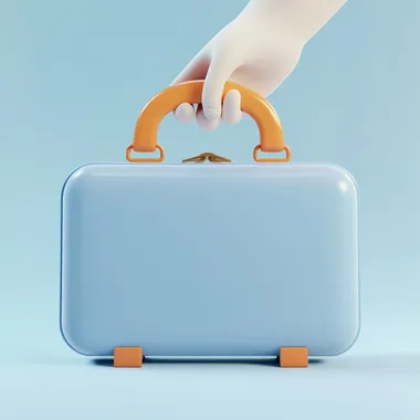 Create a 3D illustration of a blue briefcase being held by a stylized cartoon hand. The briefcase should have a smooth, glossy finish with a contrasting orange handle and clasp. Use a minimalist design with a light background to emphasize the briefcase and hand.