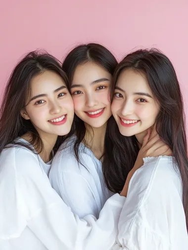 three beautiful women of Asian appearance hug and smile on a pink background. Several ladies in white shirts. Female friendship. High quality photo