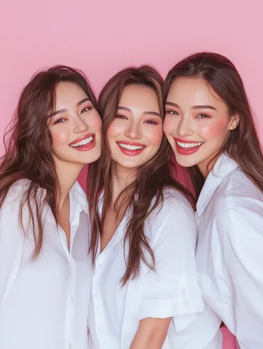 three beautiful women of Asian appearance hug and smile on a pink background. Several ladies in white shirts. Female friendship. High quality photo