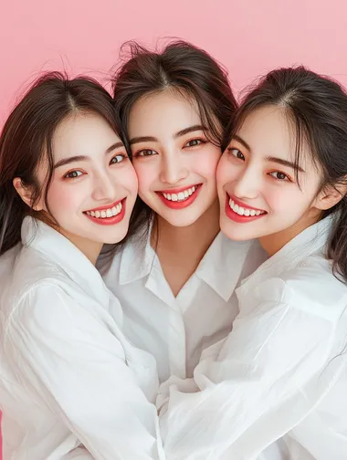 three beautiful women of Asian appearance hug and smile on a pink background. Several ladies in white shirts. Female friendship. High quality photo