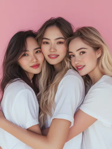 three beautiful women of Asian appearance hug and smile on a pink background. Several ladies in white shirts. Female friendship. High quality photo