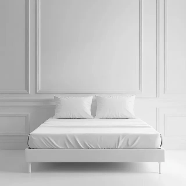 White bed with fitted sheet in minimalist bedroom by white wall