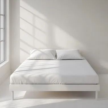 bed white matress white fitted bedsheet, white room with minimal things, hyper realistic.