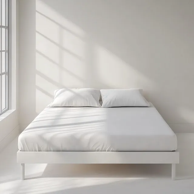 White bed with white mattress and fitted sheet in minimalist bedroom