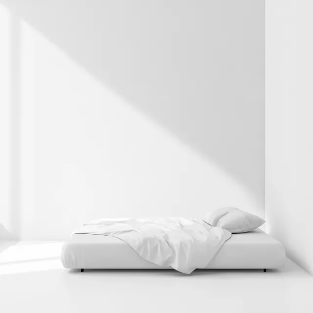 White Bedroom with Bed, White Mattress, and Minimalist Decor