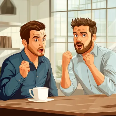 n office employee telling gossip to his colleague over tea