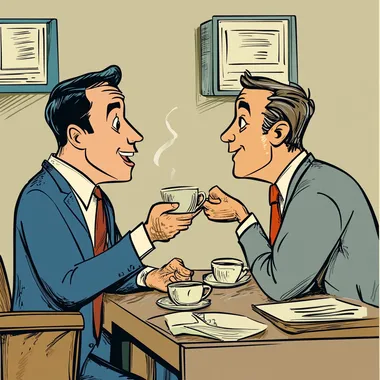 n office employee telling gossip to his colleague over tea