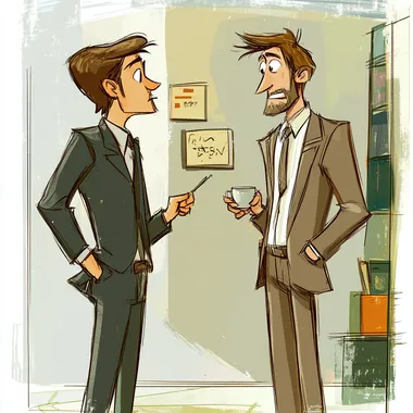n office employee telling gossip to his colleague over tea