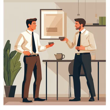 n office employee telling gossip to his colleague over tea
