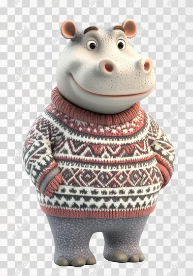 A cute 3D cartoon hippo wearing an adorable and unique outfit, such as a cozy sweater with patterns