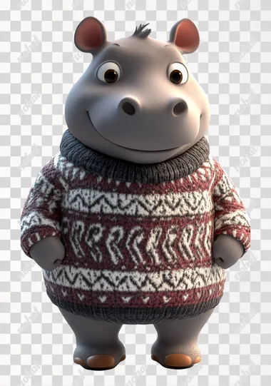 A cute 3D cartoon hippo wearing an adorable and unique outfit, such as a cozy sweater with patterns