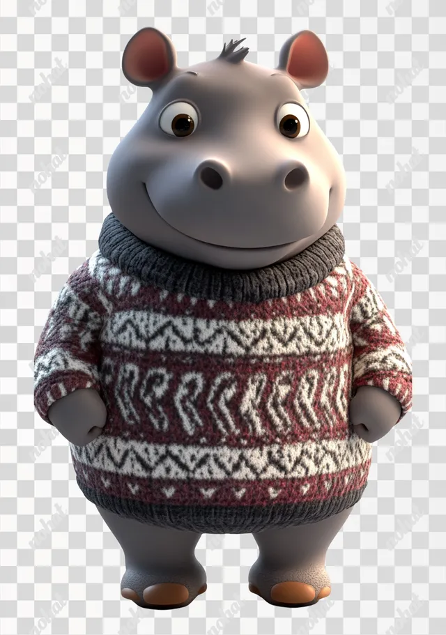 PNG Cute 3D cartoon hippo in cozy sweater, perfect for home decor