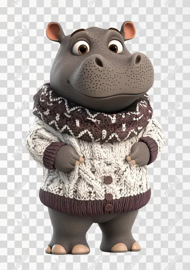 A cute 3D cartoon hippo wearing an adorable and unique outfit, such as a cozy sweater with patterns