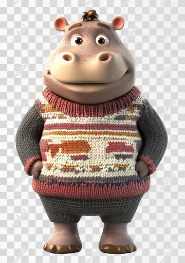 A cute 3D cartoon hippo wearing an adorable and unique outfit, such as a cozy sweater with patterns
