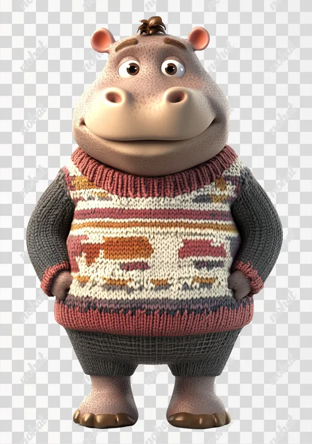 PNG Cartoon hippo in cozy sweater, showcasing unique outfit in nature