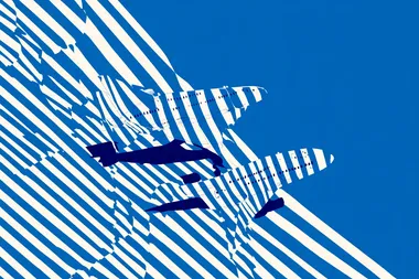 Top view. Drone view. A simple vector illustration of an airplane in flight, depicted with bold blue and white stripes, symbolizing the journey from one place to another, with a playful touch for children's wallpaper design. The background is clean and minimalist, focusing on the striped pattern and flat color scheme. This design captures simplicity while conveying motion through the depiction of flying in the sky, making it suitable as a fun travel-themed backdrop or decor element for kids' rooms.  rofile 6kqja8c