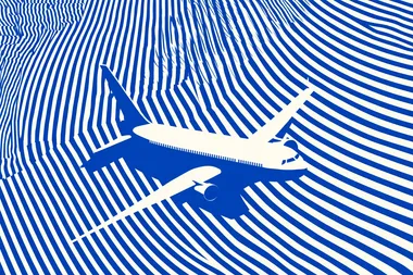 Top view. Drone view. A simple vector illustration of an airplane in flight, depicted with bold blue and white stripes, symbolizing the journey from one place to another, with a playful touch for children's wallpaper design. The background is clean and minimalist, focusing on the striped pattern and flat color scheme. This design captures simplicity while conveying motion through the depiction of flying in the sky, making it suitable as a fun travel-themed backdrop or decor element for kids' rooms.  rofile 6kqja8c