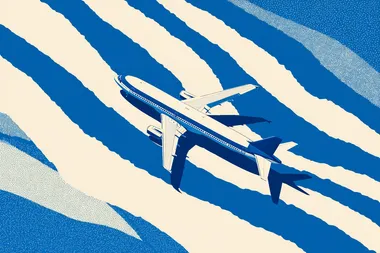Top view. Drone view. A simple vector illustration of an airplane in flight, depicted with bold blue and white stripes, symbolizing the journey from one place to another, with a playful touch for children's wallpaper design. The background is clean and minimalist, focusing on the striped pattern and flat color scheme. This design captures simplicity while conveying motion through the depiction of flying in the sky, making it suitable as a fun travel-themed backdrop or decor element for kids' rooms.  rofile 6kqja8c