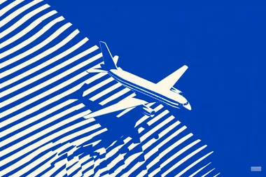 Top view. Drone view. A simple vector illustration of an airplane in flight, depicted with bold blue and white stripes, symbolizing the journey from one place to another, with a playful touch for children's wallpaper design. The background is clean and minimalist, focusing on the striped pattern and flat color scheme. This design captures simplicity while conveying motion through the depiction of flying in the sky, making it suitable as a fun travel-themed backdrop or decor element for kids' rooms.  rofile 6kqja8c