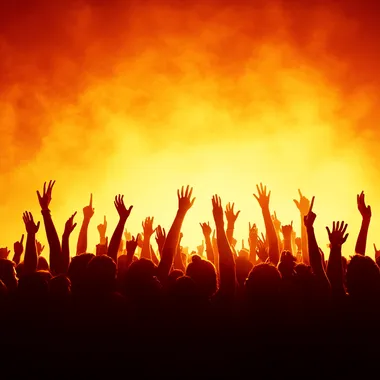 Festival crowd with hands in the air, stunning LED stage visuals, room for advertising content   773tzfv