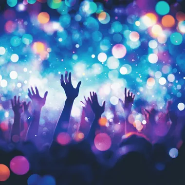 Festival crowd with hands in the air, stunning LED stage visuals, room for advertising content   773tzfv