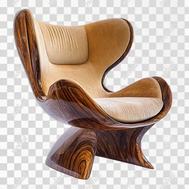 ergonomic designer wooden chair with beautiful upholstery, hyper-realistic, photographic quality, white background