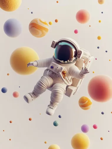 a child astronaut floating in space next to a planet, cartoon style, colorful animation stills, white and light grey background, child festival style, 3d rendering, c4d style, balloons