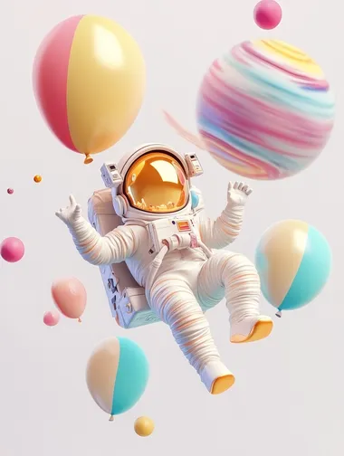 a child astronaut floating in space next to a planet, cartoon style, colorful animation stills, white and light grey background, child festival style, 3d rendering, c4d style, balloons