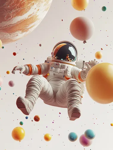 a child astronaut floating in space next to a planet, cartoon style, colorful animation stills, white and light grey background, child festival style, 3d rendering, c4d style, balloons