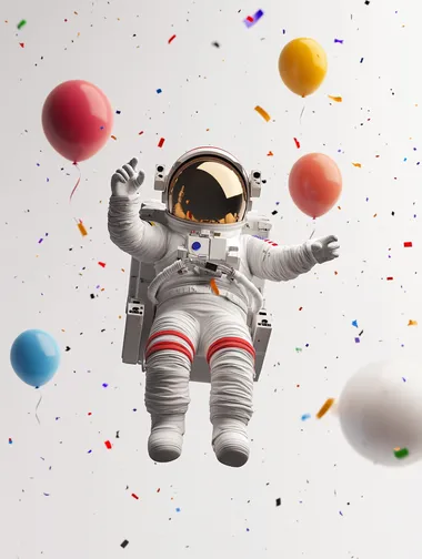 a child astronaut floating in space next to a planet, cartoon style, colorful animation stills, white and light grey background, child festival style, 3d rendering, c4d style, balloons