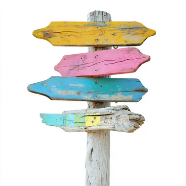 wooden signpost on the beach. There are colorful signs on the sign: pink, yellow, blue, turquoise. white background