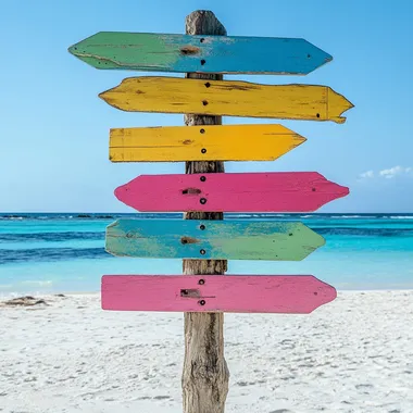 wooden signpost on the beach. There are colorful signs on the sign: pink, yellow, blue, turquoise. white background