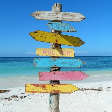 wooden signpost on the beach. There are colorful signs on the sign: pink, yellow, blue, turquoise. white background