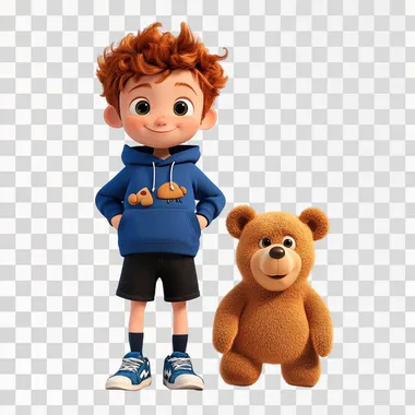 a boy, in pixar style, with ginger bear, with blue hoodie, black short, blue sneaker, in white back ground, full body