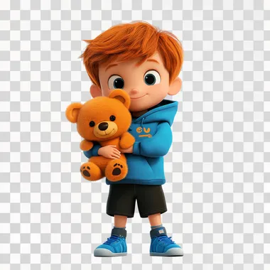 a boy, in pixar style, with ginger bear, with blue hoodie, black short, blue sneaker, in white back ground, full body