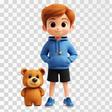 a boy, in pixar style, with ginger bear, with blue hoodie, black short, blue sneaker, in white back ground, full body
