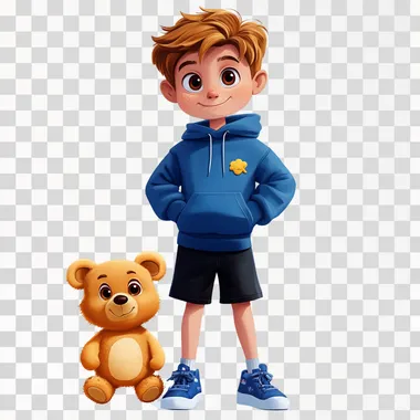 a boy, in pixar style, with ginger bear, with blue hoodie, black short, blue sneaker, in white back ground, full body