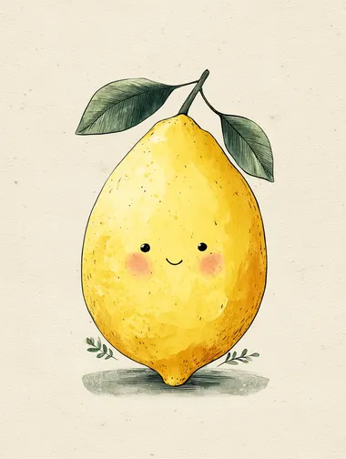 simple cartoon of a cute lemon with a happy face, soft vintage tones, minimal Scandinavian kids poster, watercolor hand-drawn texture, calm light beige background  rofile z9vjioi