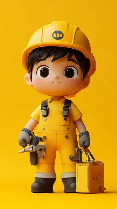 3D character design, a cartoon-style cute worker boy wearing a yellow helmet and overalls with a tool bag in his hand, simple background, full-body shot, simple style, solid-color background, simple details, Blender rendering, blind box toy, 45-degree side view, high resolution.  --s 250
